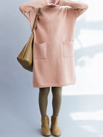 Casual Solid Color Splited Long Sleeve Turtleneck Pocket Women Sweaters