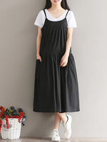 Casual Solid Color Strap Ruffles Pockets Dress For Women