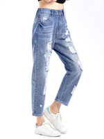 Casual Solid Elastic Waist Hole Denim Pants For Women