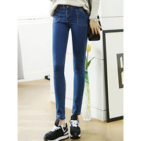 Casual Solid Pockets Button Pencil Denim Pants For Women