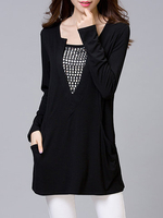 Casual Solid Rivet V-Neck Long Sleeve Pocket Blouse For Women