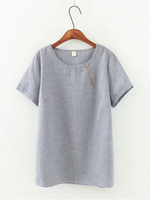 Casual Stripe O-Neck Short Sleeve Button T-Shirt For Women
