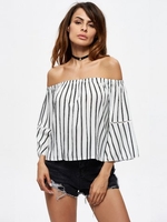 Casual Stripe Off-shoulder Horn Sleeve 3/4 Sleeve Women Blouse