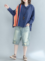 Casual Stripe Patchwork Irregular Lapel Long Sleeve Women Shirts