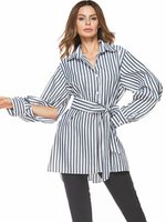 Casual Stripe Tie Waist Slit Long Sleeve Lapel Women Shirts