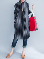 Casual Striped Irregular Turn-Down Collar Long Sleeve Dress
