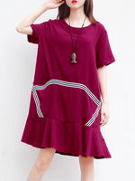 Casual Striped Printed Short Sleeves Lotus Leaf Hem Dresses