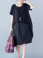 Casual Striped Stitching Big Pocket O Neck Dresses