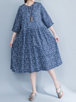Casual V Neck Half Sleeves Navy Printed Dresses For Women