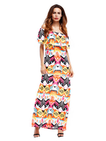 Casual Women Bohemian Floral Flounce Ruffle Slash Neck Maxi Dress