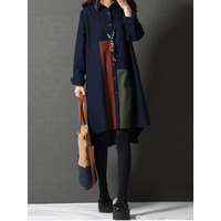 Casual Women Color Block Long Sleeve Lapel Shirt Dress