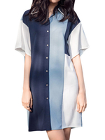 Casual Women Color Contrast Short Sleeve Lapel Button Long Shirt