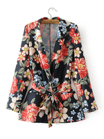 Casual Women Drawstring Turn-down Collar Print Coats
