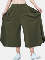 Casual Women Elastic Waist Pure Color Wide Leg Pants