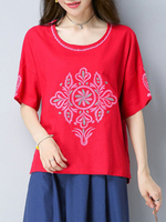 Casual Women Ethnic Embroidery Split Half Sleeve O-Neck Blouse