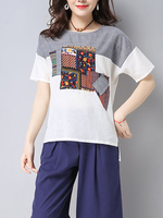 Casual Women Ethnic Print Patchwork Short Sleeve O-Neck Loose Shirts