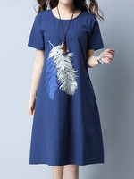 Casual Women Feather Printed O-Neck Short Sleeve Dress