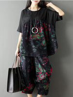 Casual Women Floral Half Sleeve O-Neck Loose Tops Pants Suit