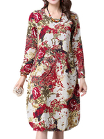 Casual Women Floral Long Sleeve Pocket Cotton Linen Dress