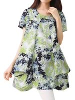 Casual Women Floral Pleats O-Neck Cotton Linen T-Shirt