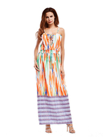 Casual Women Floral Striped Spaghetti Strap Beach Dress With Elastic Waist