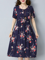 Casual Women Flower Printed Short Sleeve Waist Drawstring Dress