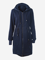 Casual Women Hooded Zipper Drawstring Pocket Pure Color Mid-Length Coat
