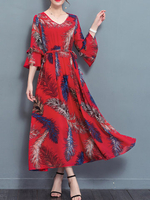 Casual Women Loose Drawstring Print Ruffle Sleeve Dress