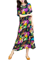 Casual Women Loose Floral Print Short Sleeve O-Neck Dress