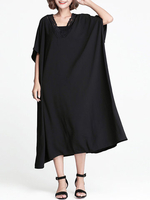 Casual Women Loose Lace Patchwork Solid V-Neck Dress