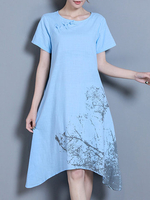 Casual Women Loose Print Asymmetrical Hem Short Sleeve Dress