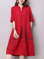 Casual Women Loose Print Fold Pockets Button Half Sleeve Dress