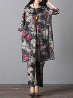 Casual Women Loose Print Half Sleeve Tops Pants Two-Piece Suit