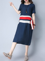Casual Women Loose Striped Patchwork Short-Sleeve O-Neck Dress