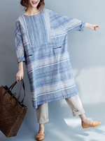 Casual Women Loose Striped Pockets Long Sleeve Dress
