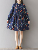 Casual Women Print Long Sleeve Turn-Down Collar Corduroy Dress