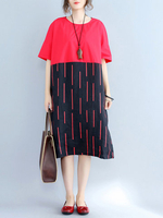 Casual Women Print Patchwork Short Sleeve O-Neck Loose Dress