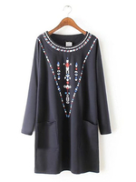 Casual Women Printed Long Sleeve O-neck Straight Mini Dress