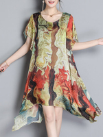 Casual Women Printed Short Sleeve Irregular Mini Dress