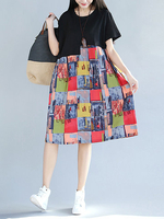 Casual Women Printed Stitching Short Sleeve Pockets Dress