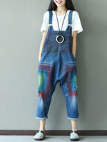 Casual Women Printed Strap Broken Hole Denim Jumpsuits Overalls