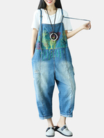 Casual Women Printed Strap Denim Jumpsuits Rompers