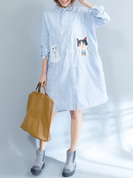Casual Women Printed Striped Long Sleeve Lapel Shirt Dress
