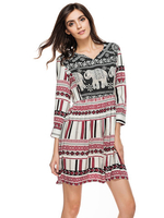 Casual Women Printed V-neck Long Sleeve Mini Dress
