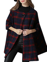 Casual Women Shawl Wool Plaid Button Casacos Cloak Poncho Coats