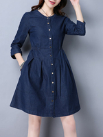 Casual Women Solid 3/4 Sleeve Button Mini Dress Thin Coat