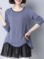 Casual Women Solid Chiffon Hem Stitching Long Sleeve Mini Dress
