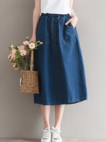 Casual Women Solid Elastic Waist Pockets Split Denim Skirts