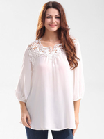 Casual Women Solid Lace Stitching Hollow Out O-Neck Tops