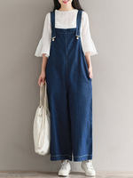 Casual Women Spaghetti Strap Pocket Pure Color Denim Jumpsuits